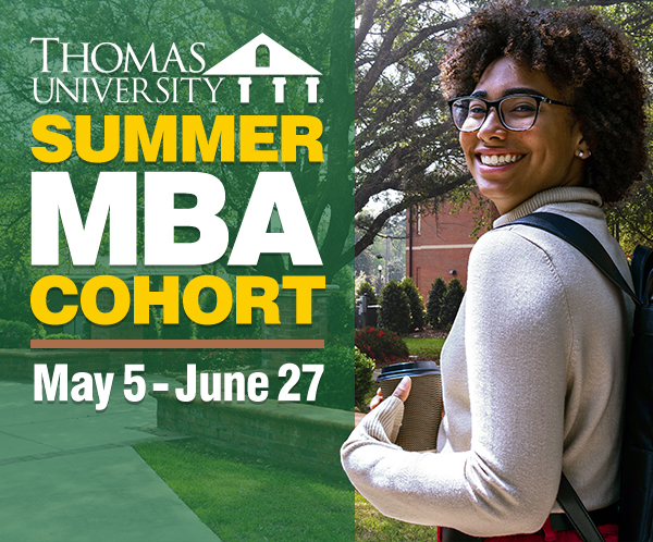 Thomas University Summer MBA Cohort. May 5 - June 27. Young woman on TU Campus.